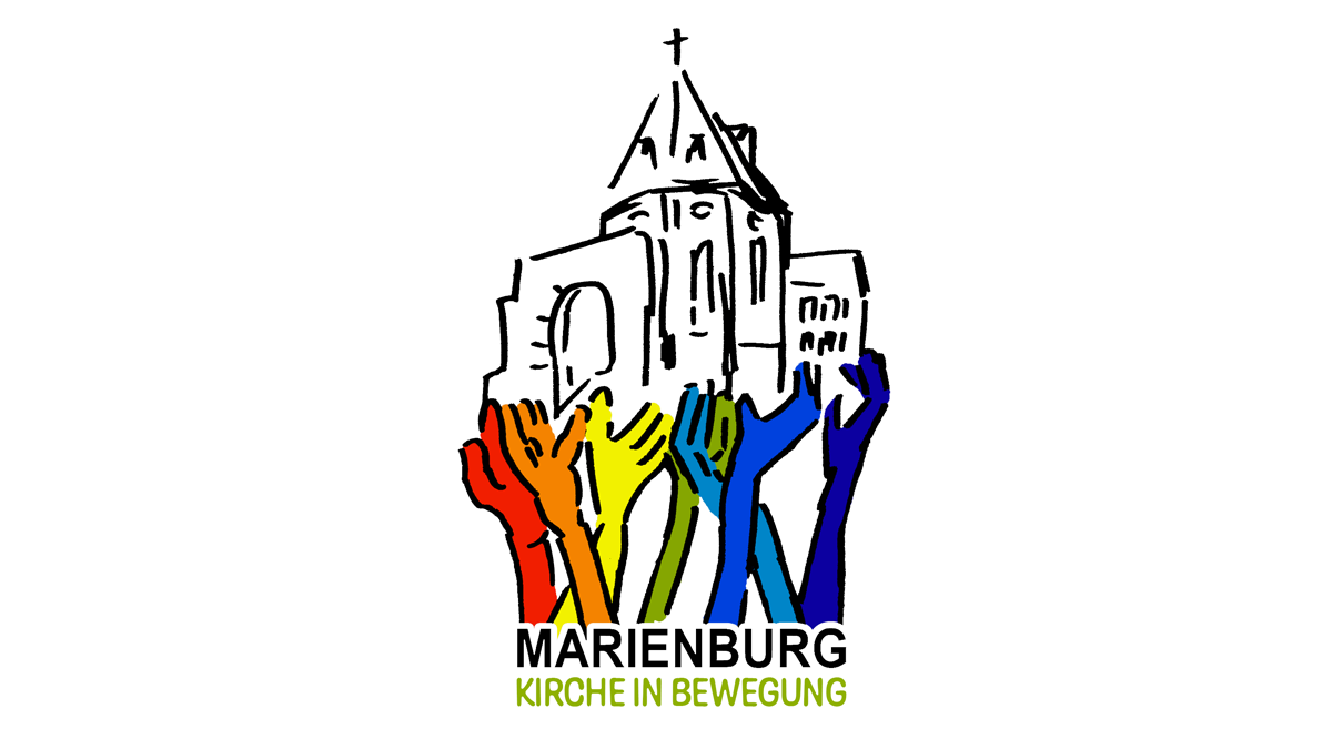 Das Logo zeigt eine stilisierte Zeichnung der Marienburg mit einem Kreuz auf dem Dach. Unterhalb der Burg erheben sich farbige Hände in den Farben des Regenbogens. Darunter steht das Wort „Marienburg, Kirche in Bewegung“.