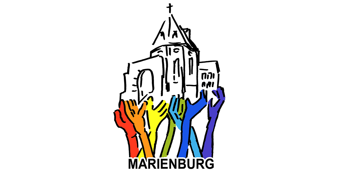 Das Logo zeigt eine stilisierte Zeichnung der Marienburg mit einem Kreuz auf dem Dach. Unterhalb der Burg erheben sich farbige Hände in den Farben des Regenbogens. Darunter steht das Wort „Marienburg“.