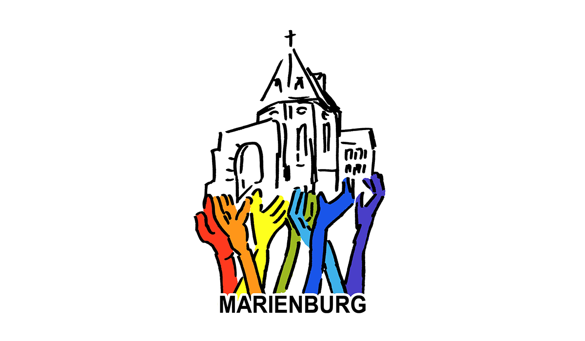 Das Logo zeigt eine stilisierte Zeichnung der Marienburg mit einem Kreuz auf dem Dach. Unterhalb der Burg erheben sich farbige Hände in den Farben des Regenbogens. Darunter steht das Wort „Marienburg“.